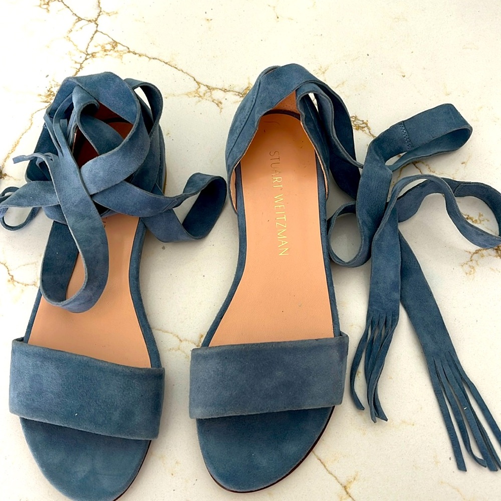 Stuart Weitzman Corbata Pimento Lace Up Sandals Peep Toe Blue Suede Size 7